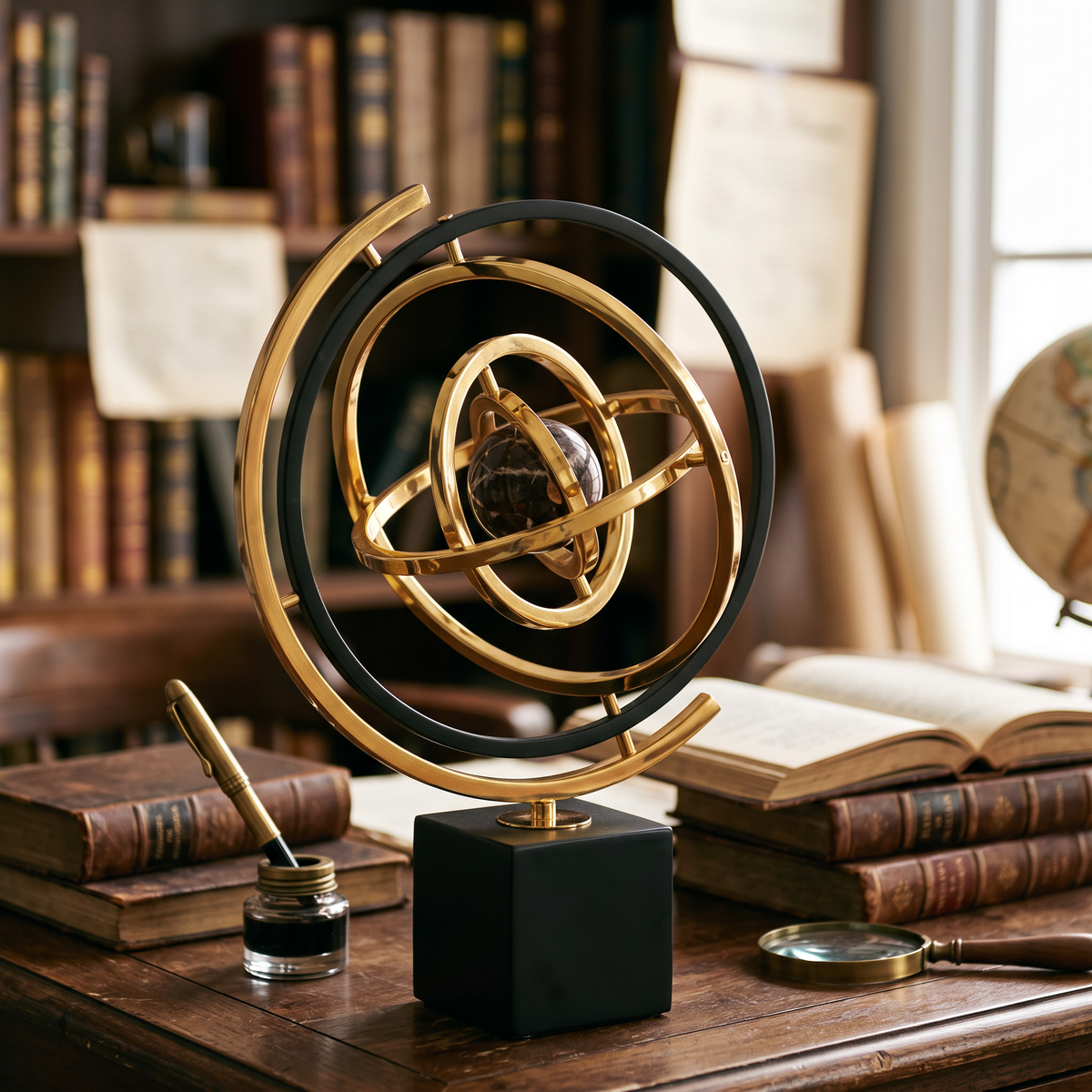 Metal and Marble Armillary Globe Sculpture