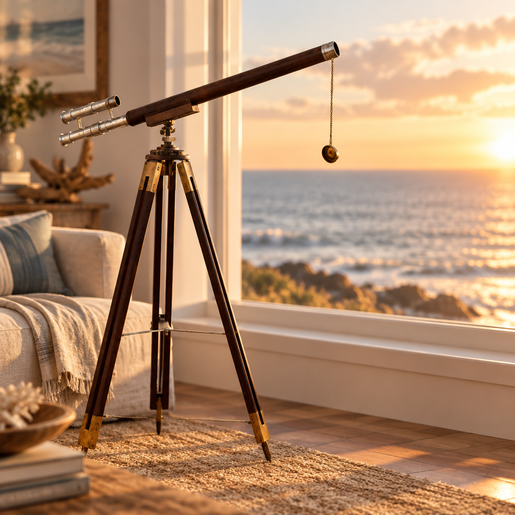 Vintage Nautical Telescope Display Piece, big size, by a window with a sea view
